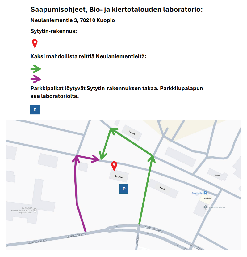 Kartta, jossa on esitetty kaksi mahdollista reittiä Kuopion Sytytinin rakennukseen Bio- ja kiertotalouden laboratoriota varten. Reitit on merkitty vihreillä ja violeteilla nuolilla; pysäköinti on merkitty sinisellä P-kuvakkeella.