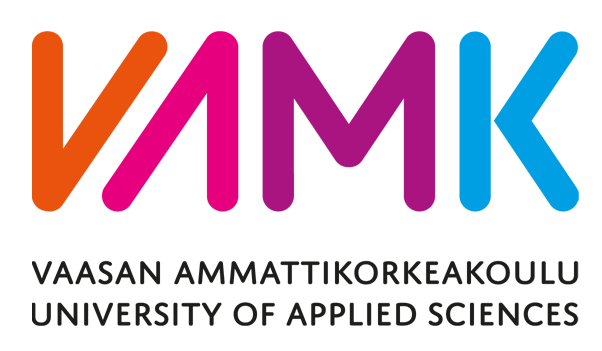 Vaasan ammattikorkeakoulun (VAMK) logo, jossa on suuret, värikkäät kirjaimet VAMK yliopiston nimen yläpuolella suomeksi ja englanniksi.