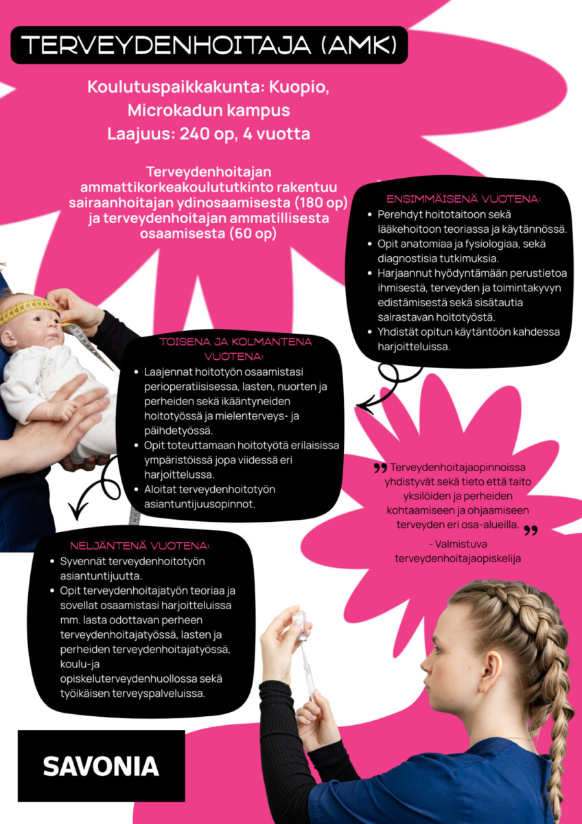 Infograafi terveydenhoitajan (AMK) koulutuksesta: opintojen rakenne, kesto ja sisältö vuosittain. Kirsikanvärinen tausta, piirroshahmoja, tekstiä eri laatikoissa ja Savonian logo alareunassa.