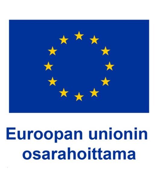 Euroopan unionin lippu, jossa on kaksitoista keltaista tähteä ympyrässä sinisellä pohjalla, yläpuolella suomenkielinen teksti "Euroopan unionin osarahoittama", joka tarkoittaa Euroopan unionin osarahoittamaa.