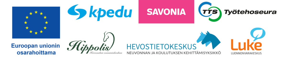 Kollaasi kahdeksasta logosta, muun muassa Euroopan unionin lippu, KPEDU, Savonia, TTS Työtehoseura, Hippolis, Hevostietokeskus, Luke ja suomenkielinen teksti EU-rahoituksesta.