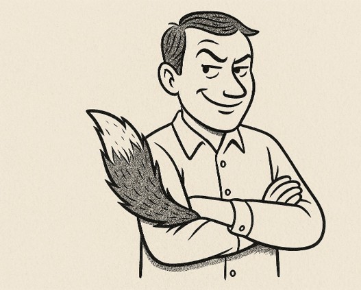 Sarjakuvamies, jolla on kädet ristissä, virnistää itsevarmasti, ja hänen takanaan työntyy esiin pusikkoinen ketunhäntä, joka viittaa oveluuteen tai viekkauteen.