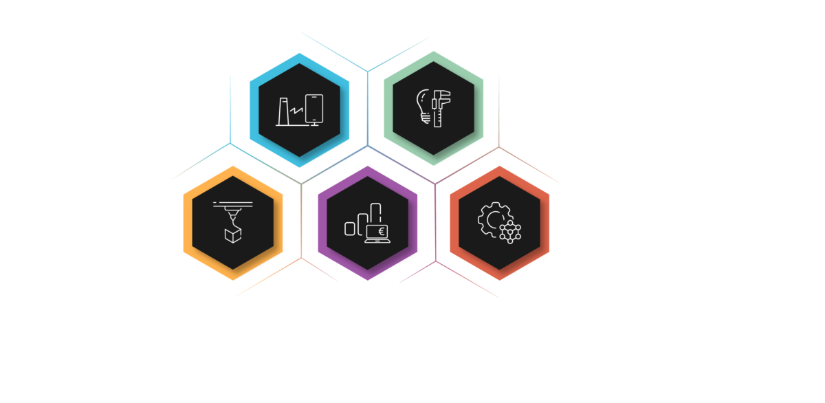 Kuusi värillistä kuusikulmiota, joissa on valkoisia kuvakkeita tummalla taustalla ja jotka edustavat eri aiheita. Kussakin on suomenkielinen teksti, jossa on ulospäin ulottuvat, osittain haalistuneet vaaleat tekstilaatikot ja vasemmassa yläkulmassa otsikko "OSAAMISTEEMAT".