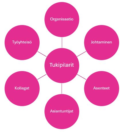 Vaaleanpunainen kaavio, jossa on Tukipilarit-merkinnällä varustettu keskusympyrä, joka on yhdistetty kuuteen ympäröivään ympyrään, jotka on merkitty: Organisaatio, Johtaminen, Asenteet, Asiantuntijat, Kollegat ja Työyhteisö.