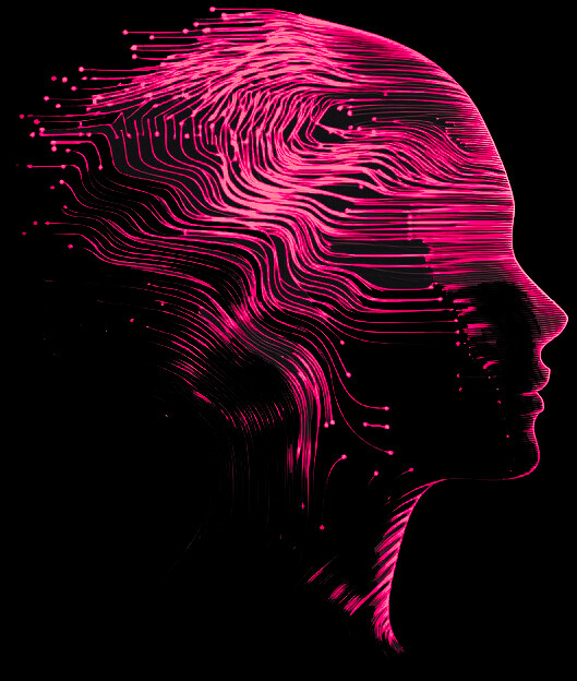 Digitaalinen kuvitus ihmisen pään profiilista, joka muodostuu mustalla pohjalla olevista vaaleanpunaisista viivoista ja virtapiireistä, jotka muistuttavat sekä kasvoja että sähköistä verkkoa.
