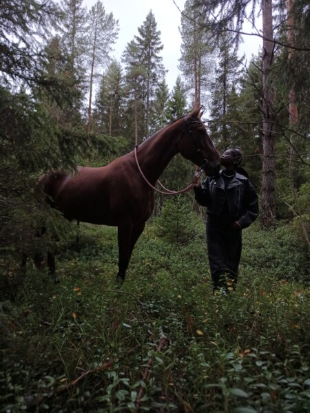 Tummiin vaatteisiin pukeutunut henkilö seisoo ruskean hevosen vieressä tiheässä, vihreässä metsässä, jossa on korkeita puita ja aluskasvillisuutta. Henkilö pitää hevosen ohjaksista kiinni ja katsoo sen kasvoja.