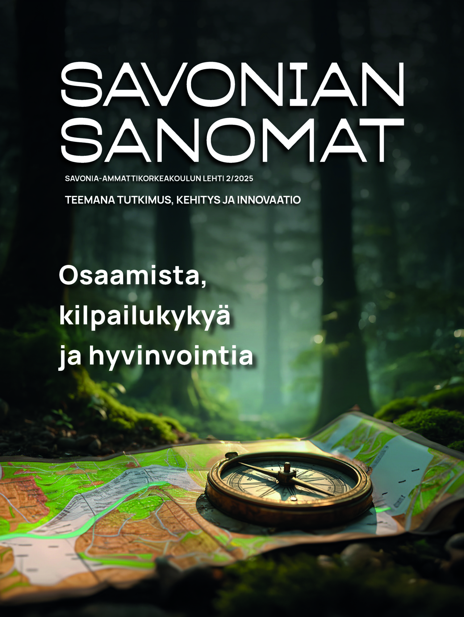 Savon Sanomat -lehden kannessa on kompassi ja kartta sammaloituneella maalla auringonpaisteisessa metsässä, ja siinä on suomenkielistä tekstiä osaamisesta, kilpailukyvystä ja hyvinvoinnista.