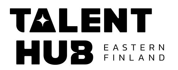 Logo, jossa teksti TALENT HUB EASTERN FINLAND. TALENT-kirjaimen A-kirjaimen keskellä on tähden muotoinen symboli. Muotoilu on rohkea ja moderni, ja oikealla puolella on pienemmillä, väljästi kirjoitetuilla kirjaimilla EASTERN FINLAND.