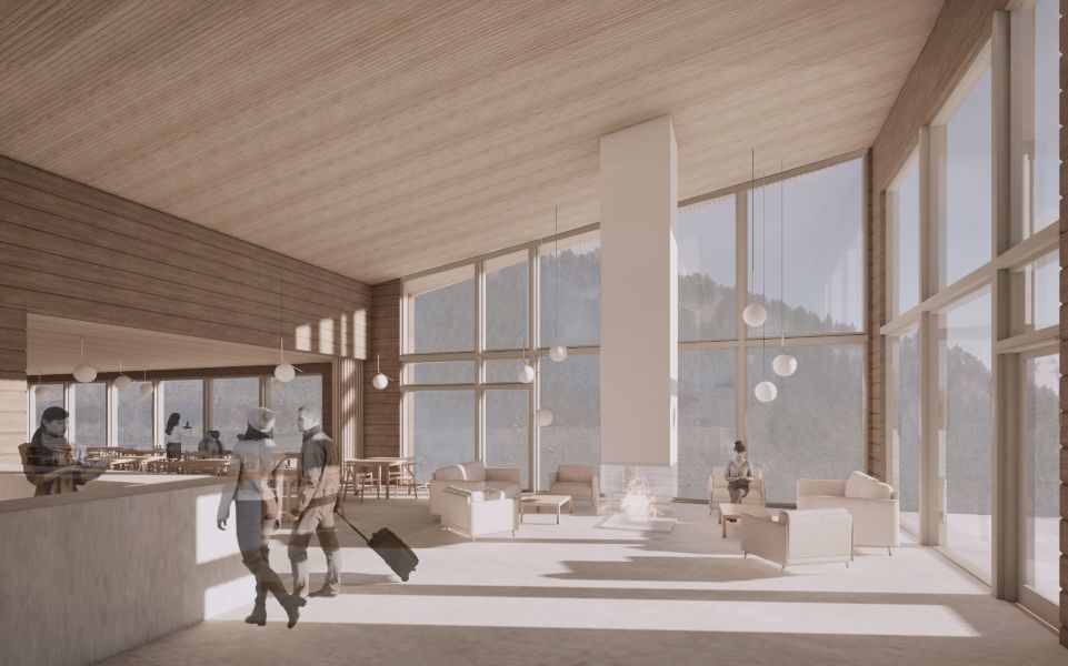 Tilava, moderni oleskelutila, jossa on puiset seinät ja katto, suuret ikkunat, joista avautuvat vuoristonäkymät, ja minimalistiset huonekalut. Ihmiset rentoutuvat, istuvat tai kävelevät valoisassa, ilmavassa tilassa.