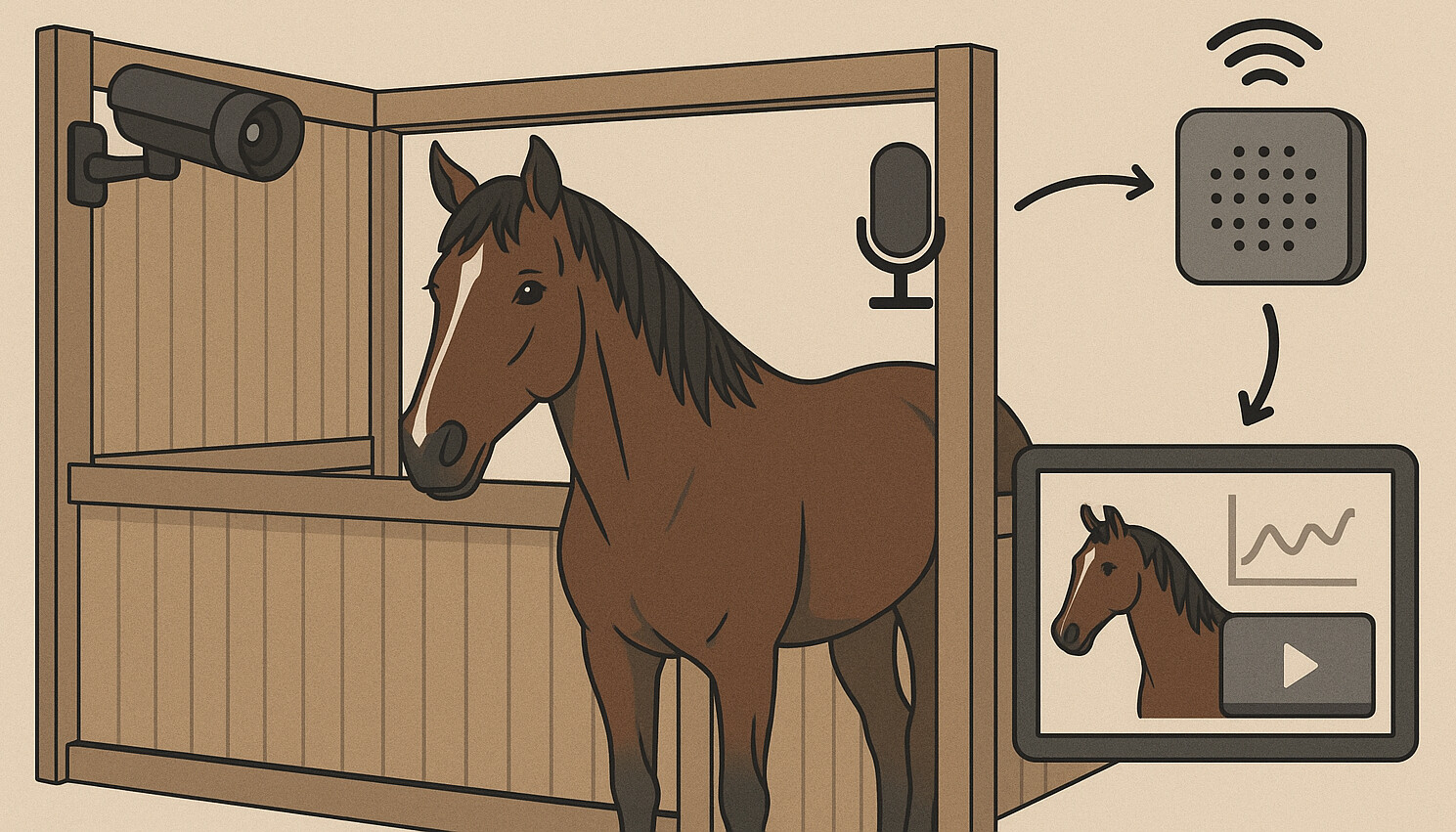Hevonen seisoo karsinassa, jossa on valvontakamera ja mikrofoni. Nuolet osoittavat, että tiedot lähetetään kaiuttimeen ja näytölle, jossa näkyy videokuvaa ja kaavio, mikä viittaa etävalvontatekniikkaan.