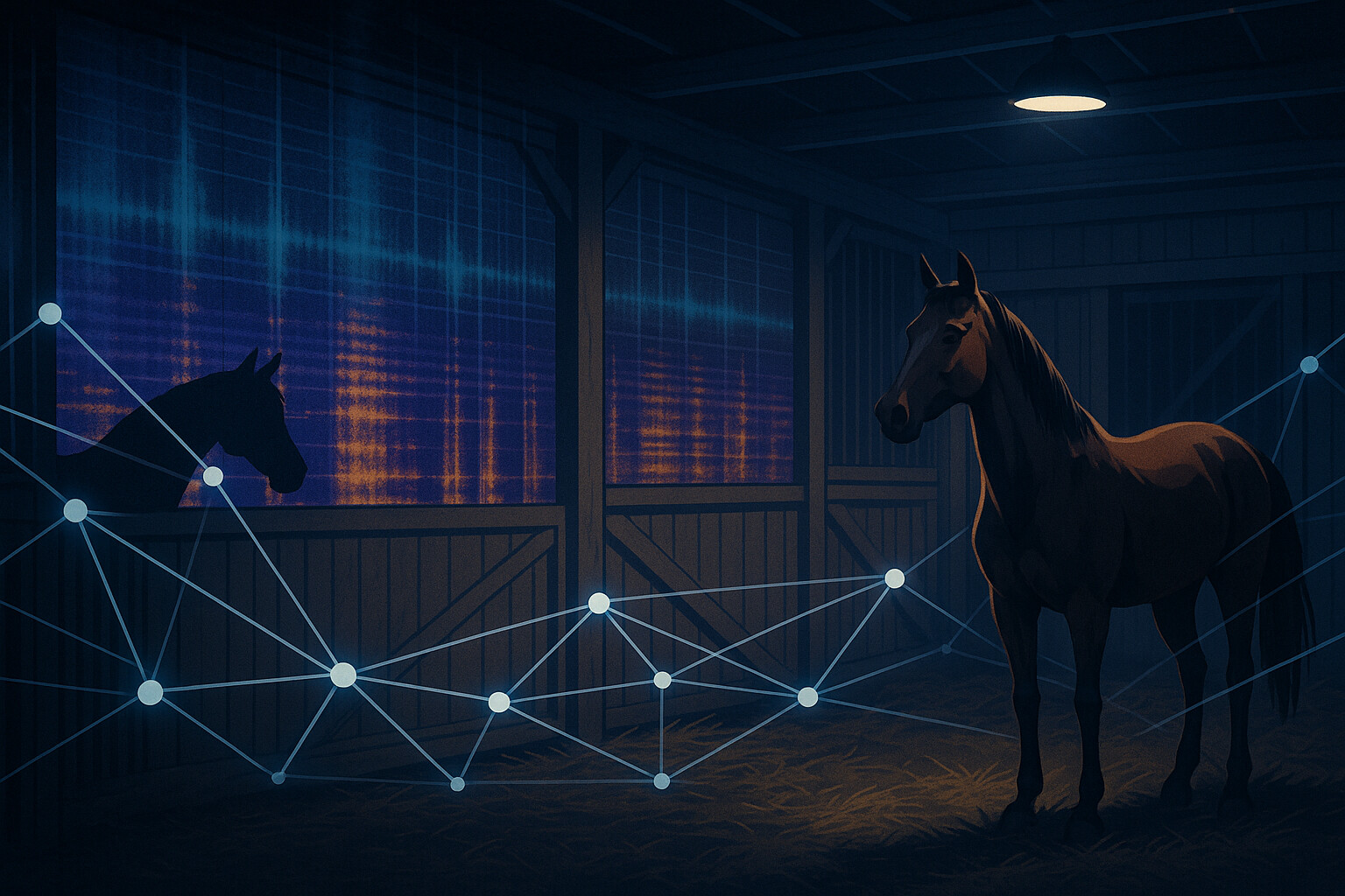 Hevonen seisoo hämärässä tallissa, kun toinen hevonen katsoo sisään ikkunasta. Kuvan päällä on abstrakteja sinisiä viivoja ja datapisteitä, jotka viittaavat data-analyysiin tai teknologiaan.