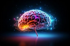 Digitaalinen kuvitus ihmisen aivoista, jotka hehkuvat eloisissa neonväreissä, kuten sinisessä, vaaleanpunaisessa ja keltaisessa, abstraktien valoefektien ympäröimänä tummaa taustaa vasten.