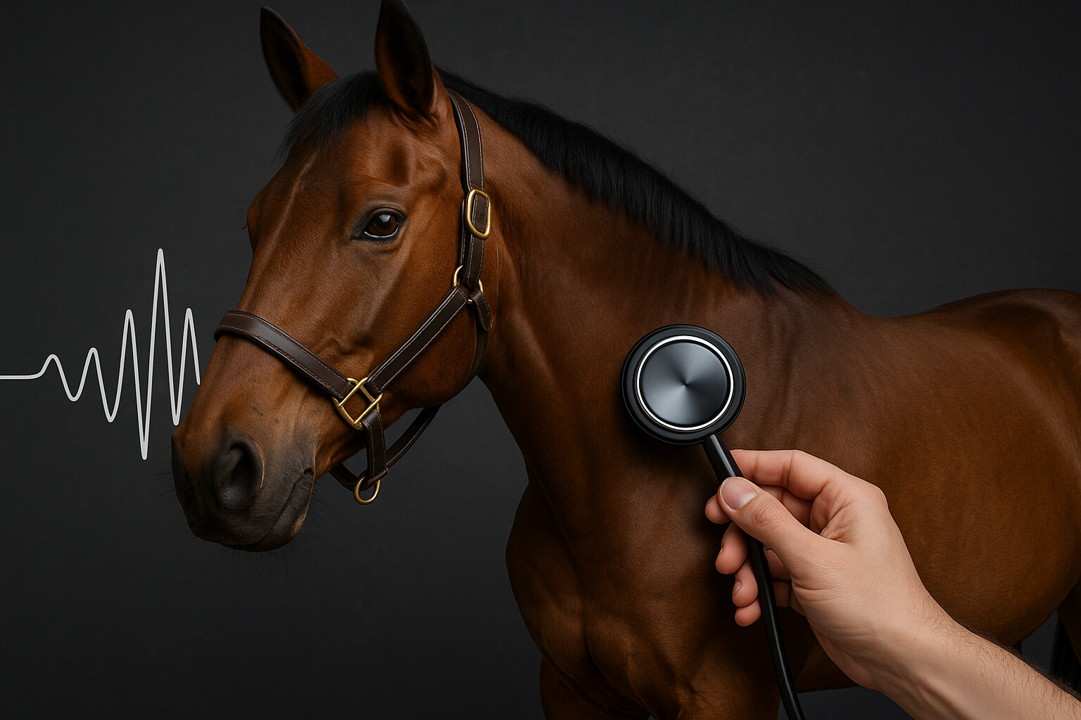 Henkilö pitää stetoskooppia ruskean hevosen rintaa vasten ja tarkistaa sen sydämen sykkeen. Hevosen vieressä on tummalla taustalla valkoinen sykeviiva.