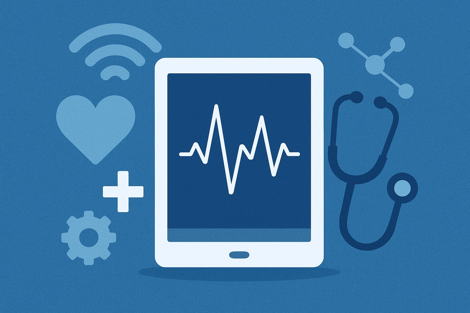 Sykemittaria näyttävää tablettia ympäröivät lääketieteelliset kuvakkeet, kuten stetoskooppi, sydän, hammasratas, plus-merkki ja langaton signaali, jotka edustavat digitaalista terveydenhuollon teknologiaa.