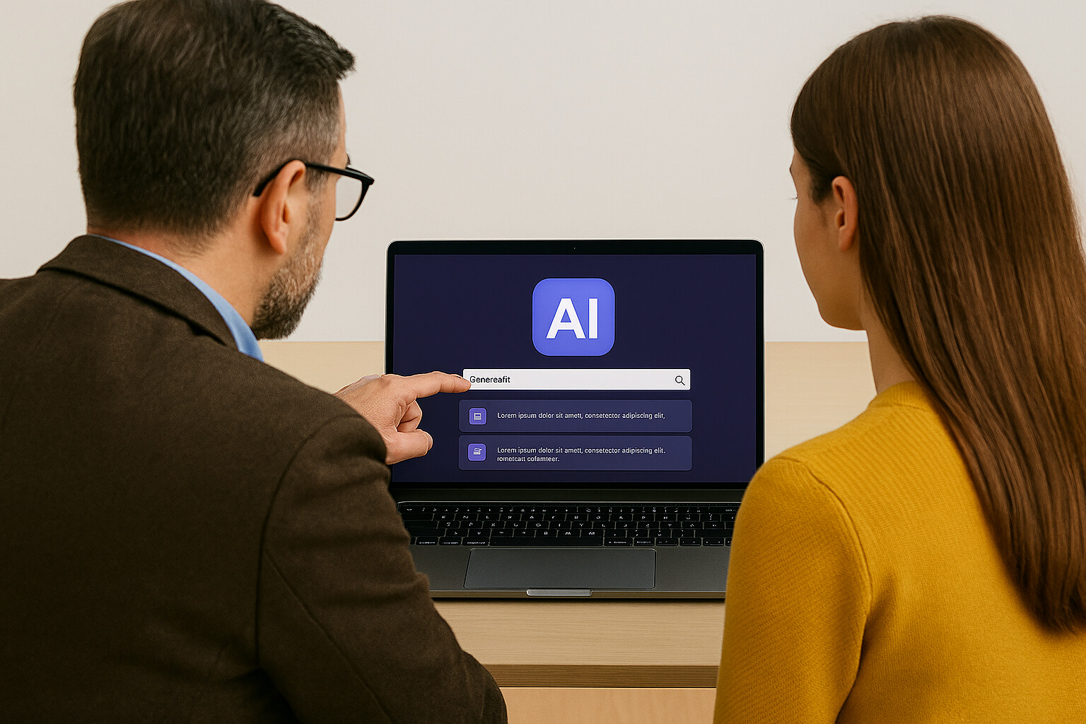 Kaksi ihmistä istuu työpöydän ääressä ja katsoo kannettavan tietokoneen näyttöä, jossa näkyy tekoälylogo, ja toinen henkilö osoittaa näytöllä olevaa hakupalkkia. Kannettava tietokone näyttää hakutuloksia hakupalkin alla.