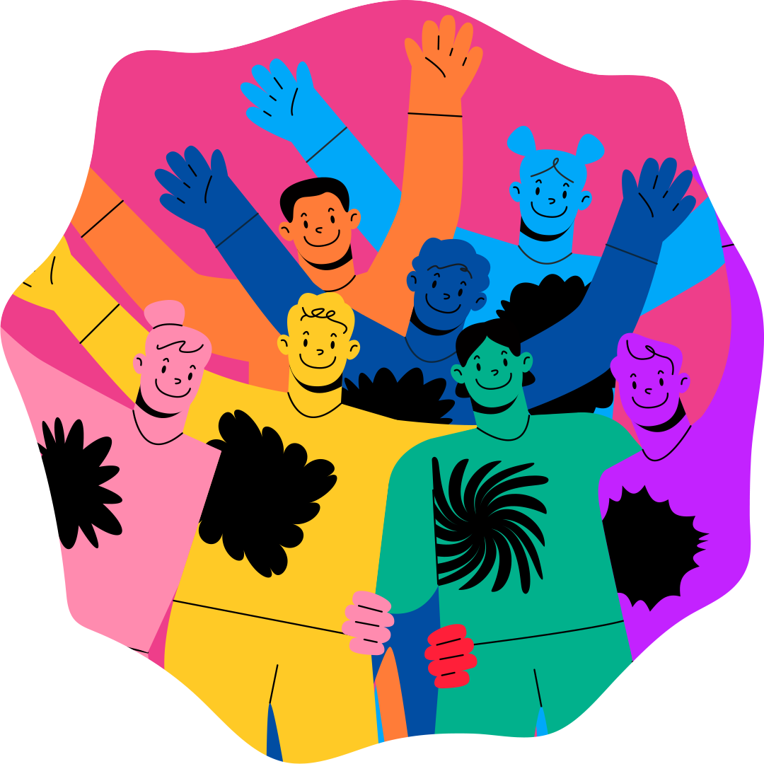 Kuvituskuva kahdeksasta erilaisesta, hymyilevästä, kirkkaanvärisiin vaatteisiin pukeutuneesta ihmisestä, jotka seisovat lähekkäin ja nostavat kätensä iloisesti ylös eloisaa, abstraktia taustaa vasten.