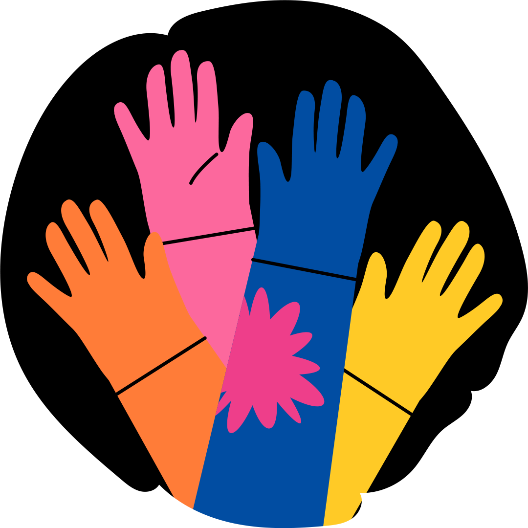 Neljä värikästä kättä - oranssia, vaaleanpunaista, sinistä ja keltaista - ovat koholla ja limittäin, ja taustalla on musta abstrakti muoto. Sinisen käden ranteessa on vaaleanpunainen kukkakuvio.