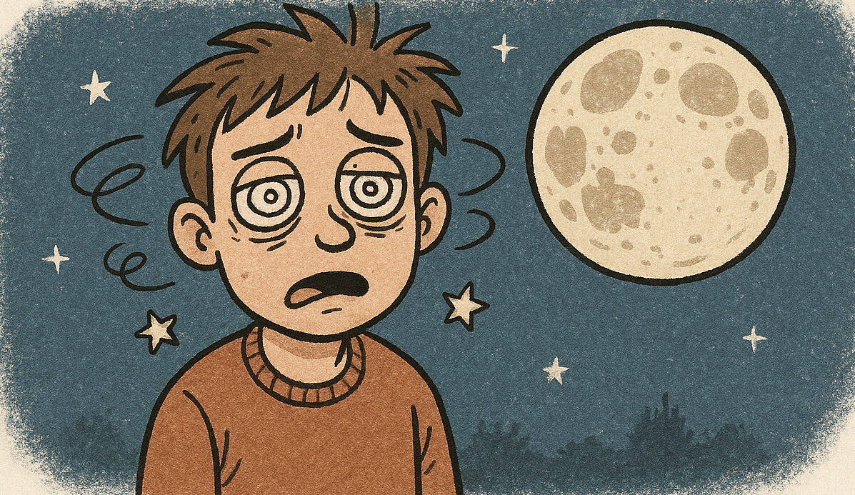 Piirros väsyneestä, epäsiististä henkilöstä, jolla on tummia silmänalusia silmiensä alla ja joka seisoo ulkona yöllä, kun taivaalla on suuri täysikuu, ja jota ympäröivät tähdet.