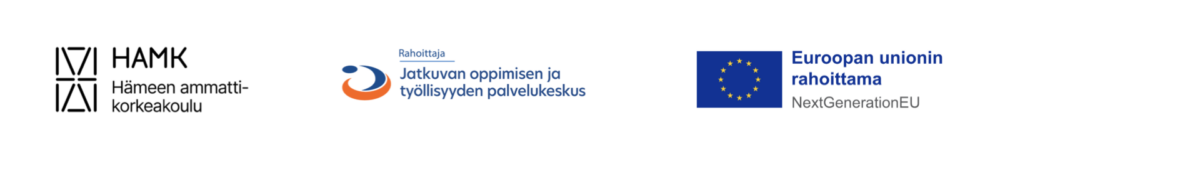 HAMKin Hämeen ammattikorkeakoulun, Jatkuvan oppimisen ja työllisyyden palvelukeskuksen ja Euroopan unionin rahoittama NextGenerationEU:n logot ovat vierekkäin.