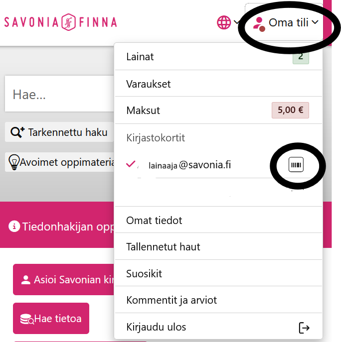 Kuvakaappauksessa Savonia Finnan verkkosivuilta näkyy Oma tili -painikkeen pudotusvalikko. Valikkovaihtoehtoja ovat lainat, varaukset, maksut, kirjastokortit, tallennetut haut, suosikit ja uloskirjautuminen.