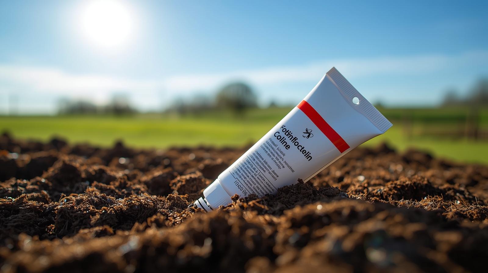 Ihonhoitovoidetuubi, jossa on merkintä derma calm creme, on osittain haudattu pystyasentoon rehevään multaan ulkona aurinkoisena päivänä, kun taustalla on vihreitä peltoja ja kirkkaansininen taivas.