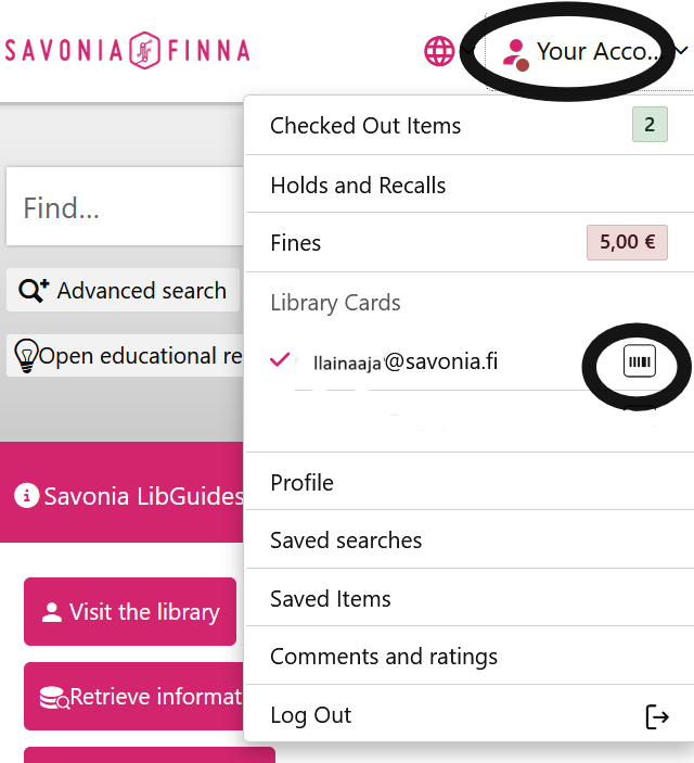 Verkkosivuston valikon yläreunassa näkyy ympyröitynä "Tilisi". Pudotusvalikossa luetellaan tilivaihtoehdot, kuten tarkastetut tuotteet, sakot ja käyttäjän sähköpostiosoite. Valikossa on myös viivakoodikuvake.