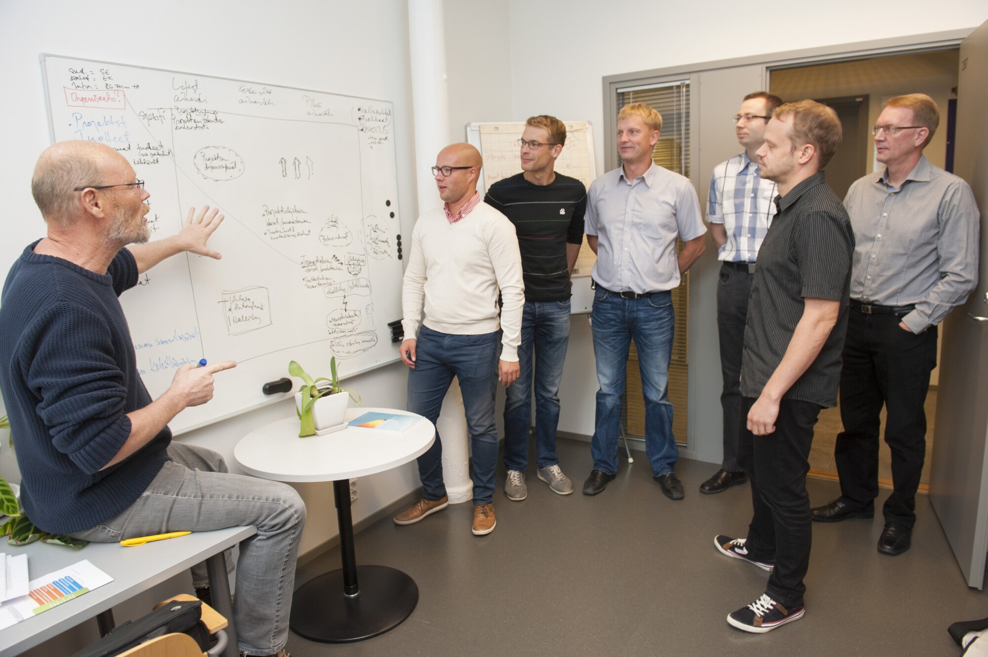 Seitsemän miehen ryhmä seisoo ja kuuntelee toista miestä, joka istuu kirkkaasti valaistussa toimistoympäristössä ja viittoo kaavioiden ja muistiinpanojen peittämälle taululle. Etualalla on pieni pöytä, jossa on kasvi ja muistilappu.