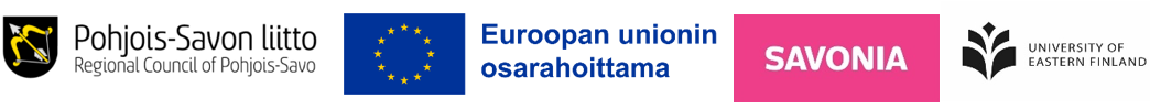 Viiden logon rivi: Pohjois-Savon maakuntaliitto, Euroopan unioni, Euroopan unionin osarahoittama, SAVONIA ja Itä-Suomen yliopisto.