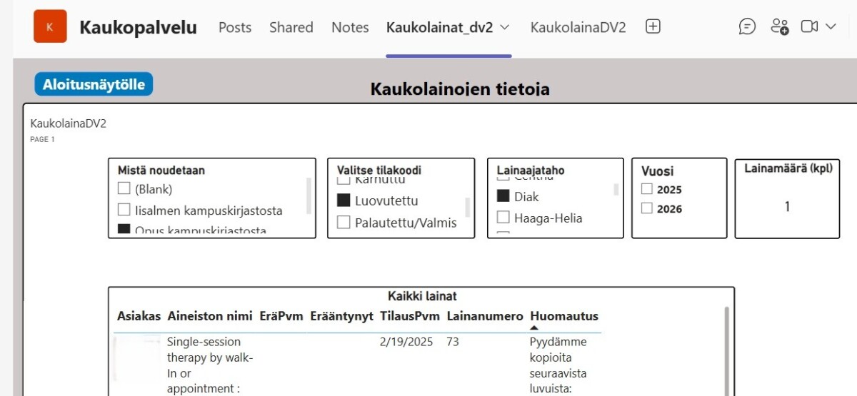 Kuvakaappaus suomalaiselta Kaukopalvelu-nimiseltä verkkosivulta näyttää vaihtoehtoja aineistojen pyytämiseen, lainatilanteeseen ja vuosilukuihin. Alla olevassa taulukossa luetellaan lainatiedot, kuten asiakas, esineen nimi ja päivämäärät.