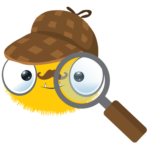 Söpö, pörröinen keltainen olento, jolla on suuret silmät, viikset ja etsivänhattu, pitää suurennuslasia kasvojensa edessä ja näyttää leikkisältä etsivältä.