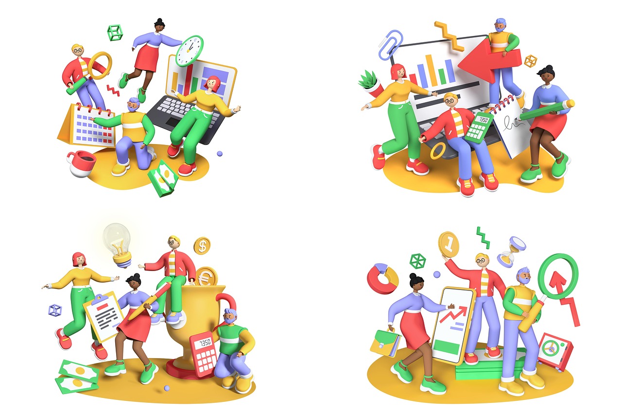 Neljässä värikkäässä kuvituksessa erilaiset ihmiset tekevät yhteistyötä liiketoimintatehtävien parissa: analysoivat kaavioita, suunnittelevat kalentereita, juhlivat taloudellista menestystä ja seuraavat kasvua kaavioiden ja mobiililaitteiden avulla. Kunkin ryhmän ympärillä on kuvakkeita ja toimistotyökaluja.