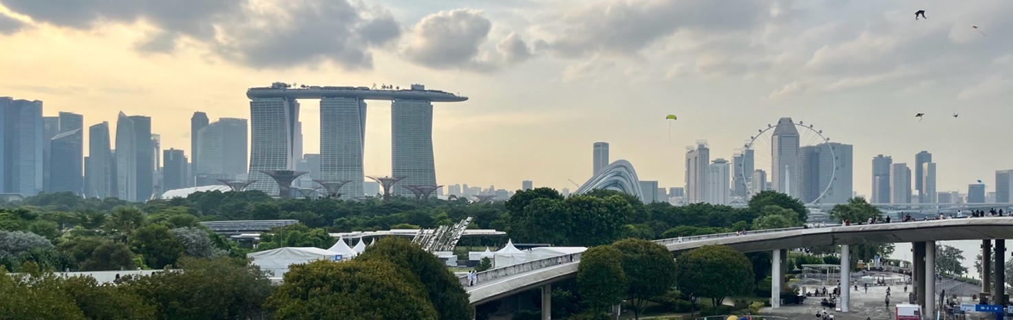 Panoraamanäkymä Singaporen horisonttiin, jossa näkyvät Marina Bay Sands, Supertree Grove ja Singapore Flyer, taustalla rehevää vehreyttä ja pilvinen taivas. Etualalla kulkee jalankulkusilta.