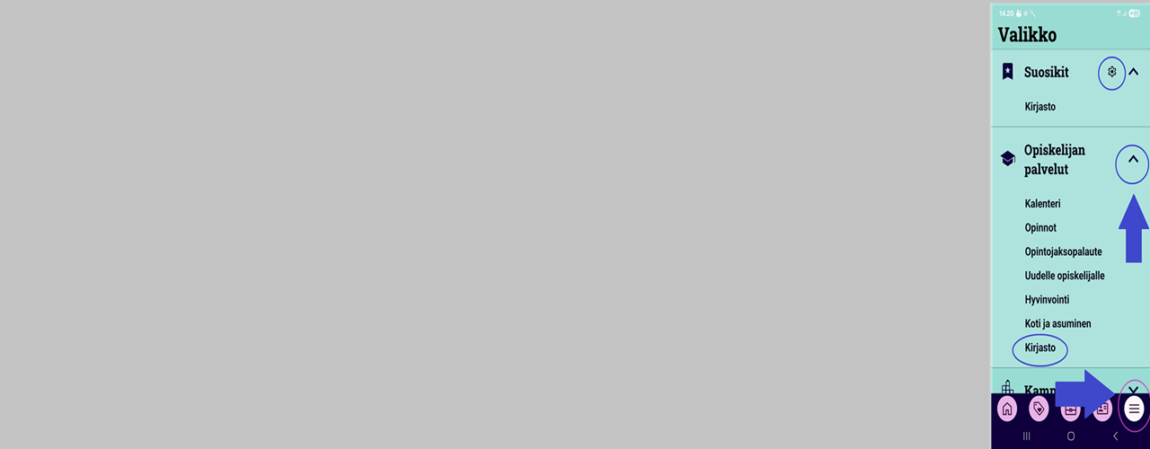 Mobiilisovelluksen suomenkielinen valikko, jossa on Suosikit- ja Opiskelijan palvelut -osiot sekä kuvakkeet alareunassa. Suuri sininen nuoli osoittaa Opiskelijan palvelut -kohdan vieressä olevaan pyöreään painikkeeseen.