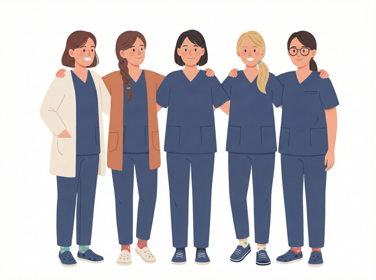 Kuvituskuva viidestä hymyilevästä terveydenhuollon työntekijästä, jotka seisovat yhdessä ja joilla on yllään siniset leikkaushousut ja takit. Heillä on kädet toistensa ympärillä, mikä osoittaa toveruutta ja tiimityötä. Taustalla on pelkkä valkoinen.