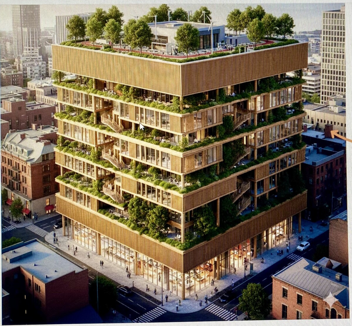 Moderni, monikerroksinen rakennus, jossa on porrastettuja terasseja, jotka on peitetty vehreällä kasvillisuudella ja kattopuutarhoilla, sijaitsee kaupunkimaisemassa, jossa kestävä arkkitehtuuri yhdistyy reheviin kasveihin ja puihin.