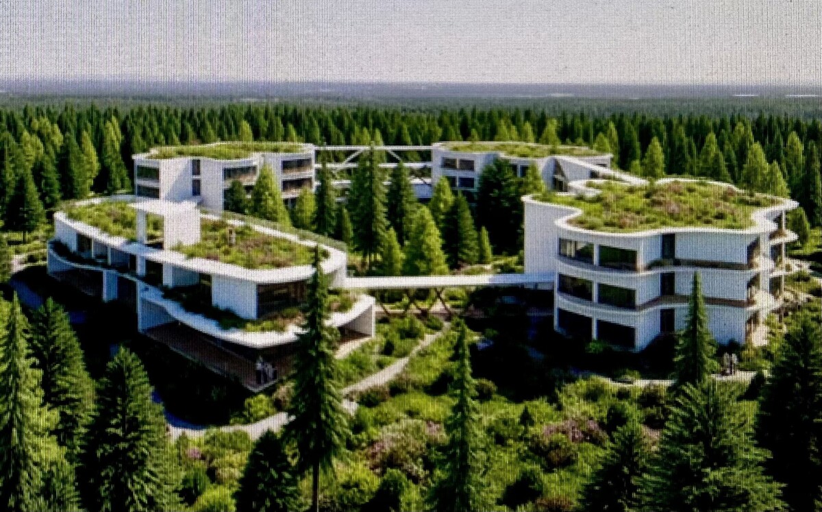 Moderni, valkoinen, monikerroksinen rakennuskompleksi, jossa on viherkattoja, sijaitsee tiheiden mäntyjen keskellä ja sulautuu metsämaisemaan kirkkaan taivaan alla. Korotetut kulkuväylät yhdistävät joitakin rakennuksen osia toisiinsa.