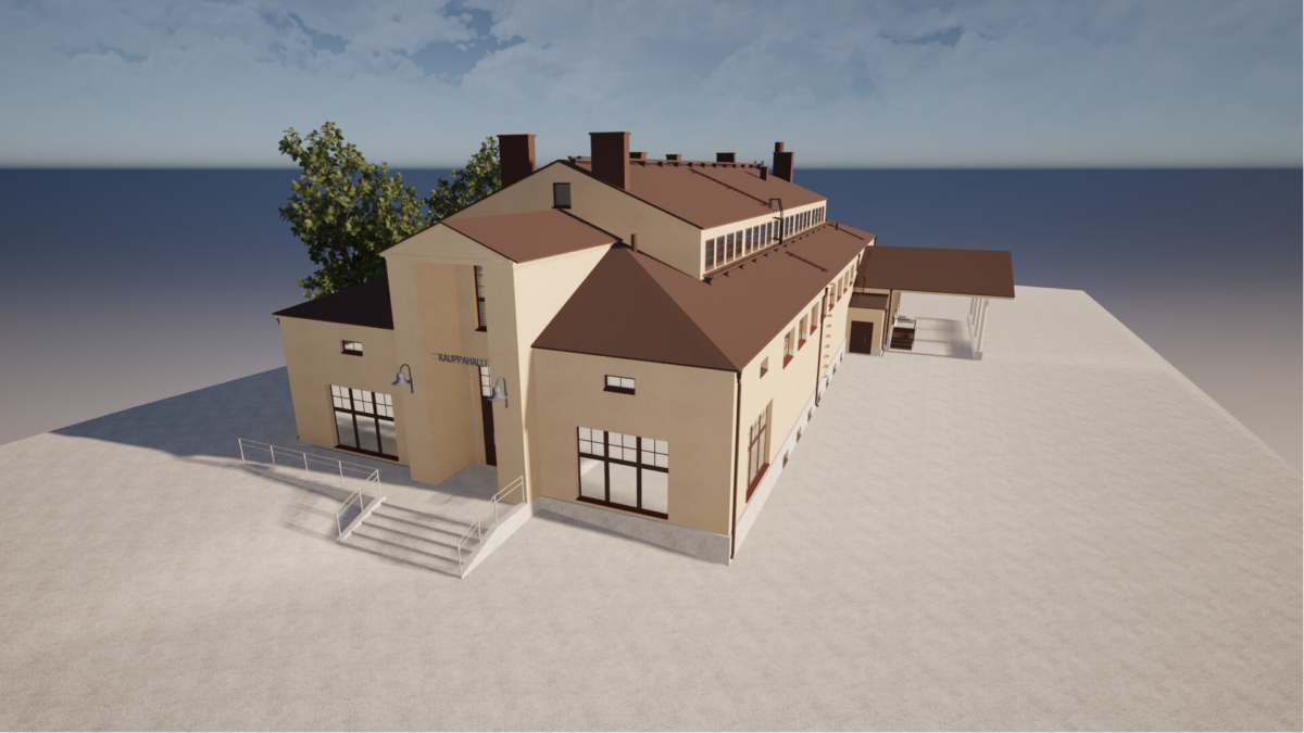 3D-enderöity kuva beigestä, kaksikerroksisesta rakennuksesta, jossa on ruskea katto, suuret ikkunat, sisäänkäynnille johtavat portaat, luiska ja toisella puolella katettu kävelytie, taustana tasainen tausta, jonka takana näkyy joitakin puita.