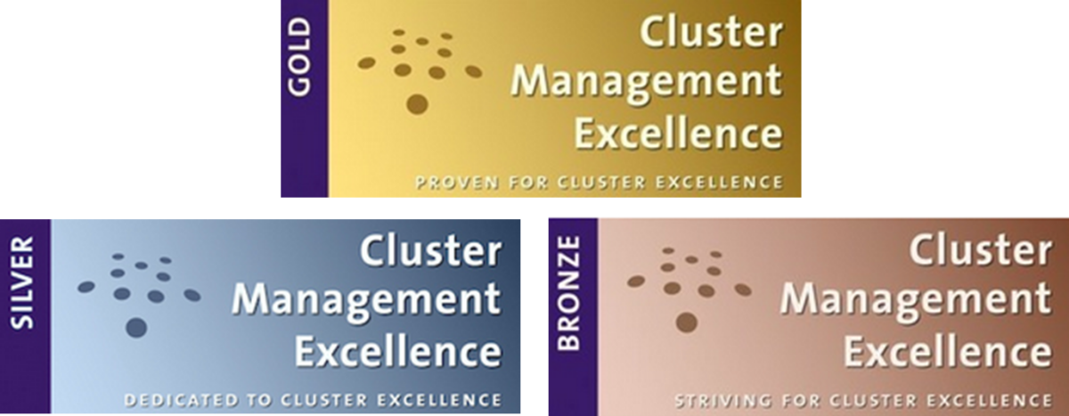 Kolme suorakaiteen muotoista merkkiä, joissa näkyy Cluster Management Excellence -palkinnot kultaisena, hopeisena ja pronssisena. Jokaisessa merkissä on klusterin kuva ja vasemmalla pystysuora tarra, joka osoittaa palkintotason.