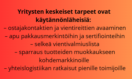 Oranssilla pohjalla on suomenkielinen teksti, jossa luetellaan yritysten tärkeimmät käytännön tarpeet, kuten ostajien yhteystiedot, pakkausapua, vientiluettelot, tuotteiden mukauttaminen ja logistiikkaratkaisut.