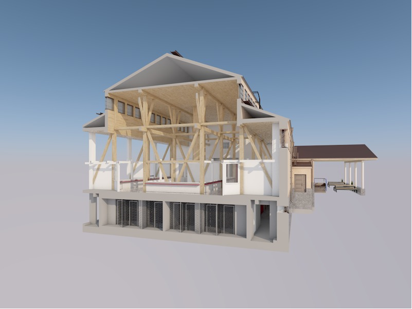 Digitaalisessa arkkitehtonisessa renderöinnissä näkyy leikkausnäkymä monikerroksisesta rakennuksesta, jossa on paljaat puupalkit, suuret ikkunat ja näkyvä rakenteellinen runko kirkkaalla taivaalla.