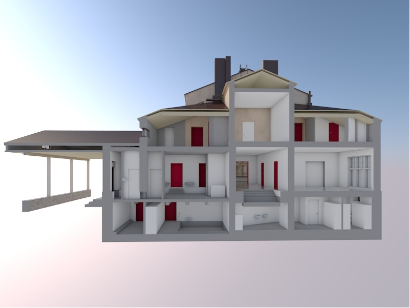 Monikerroksisen rakennuksen 3D-arkkitehtoninen poikkileikkaus, jossa näkyy erilaisia huoneita, portaita ja rakenteellisia yksityiskohtia. Vasemmalla ovat punaiset ovet ja niihin liittyvä katettu terassi. Taustalla on asteittainen taivas.