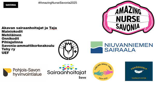 Kollaasi logoista, muun muassa "Amazing Nurse Savonia", Pohjois-Savon hyvinvointialue, Sairaanhoitajat Savo, Niuvanniemen Sairaala ja muut, ja yläosassa hashtag #AmazingNurseSavonia2025.
