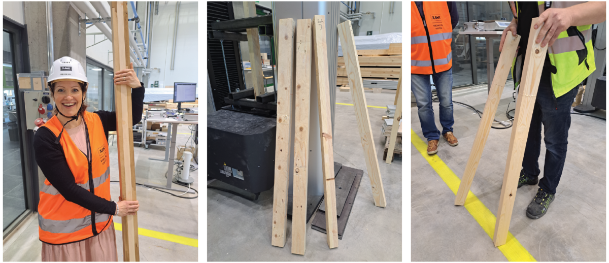 Kolme kuvaa: Vasemmalla hymyilevä henkilö, jolla on suojakypärä ja oranssi turvaliivi, pitelee kahta puupalkkia. Keskellä kuusi puupalkkia seisoo pystyssä työpajassa. Oikealla kaksi turvaliiviin pukeutunutta henkilöä pitää pystyssä puupalkkeja sisätiloissa.