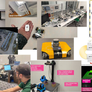 Kollaasi, jossa näkyy robotteja, lennokkeja, antureita, älykkään tehtaan kaavioita, laboratoriolaitteita ja koneita käyttäviä ihmisiä, jotka korostavat nykyaikaista automaatiota, tiedonkeruuta ja tarkastusprosesseja teollisuudessa ja laboratorioympäristöissä.