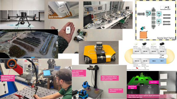 Kollaasi, jossa näkyy robotteja, lennokkeja, antureita, älykkään tehtaan kaavioita, laboratoriolaitteita ja koneita käyttäviä ihmisiä, jotka korostavat nykyaikaista automaatiota, tiedonkeruuta ja tarkastusprosesseja teollisuudessa ja laboratorioympäristöissä.