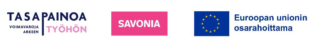 Tasapainoa Työhön, Savoniaa ja Euroopan unionia koskevat logot. Sisältää suomenkielisen tekstin ja EU:n lipun, joka osoittaa Euroopan unionin yhteisrahoitusta.