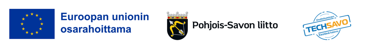 Kolme logoa: EU:n lippu, jossa on suomenkielinen teksti, Pohjois-Savon maakunnan vaakuna ja teksti sekä TechSavon logo, jossa on lisäksi suomenkielistä tekstiä sinisellä ja valkoisella.