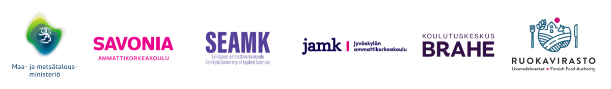 Kuuden suomalaisen organisaation logot vierekkäin: maa- ja metsätalousministeriö, Savonia-ammattikorkeakoulu, SeAMK, JAMK, Koulutuskeskus Brahe ja Ruokavirasto.