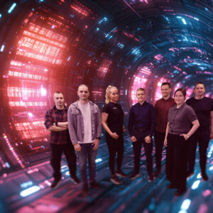 Seitsemän ihmisen ryhmä seisoo yhdessä hehkuvassa, futuristisessa tunnelissa, joka on täynnä värikkäitä punaisia ja sinisiä valoja ja digitaalisia kuvioita.