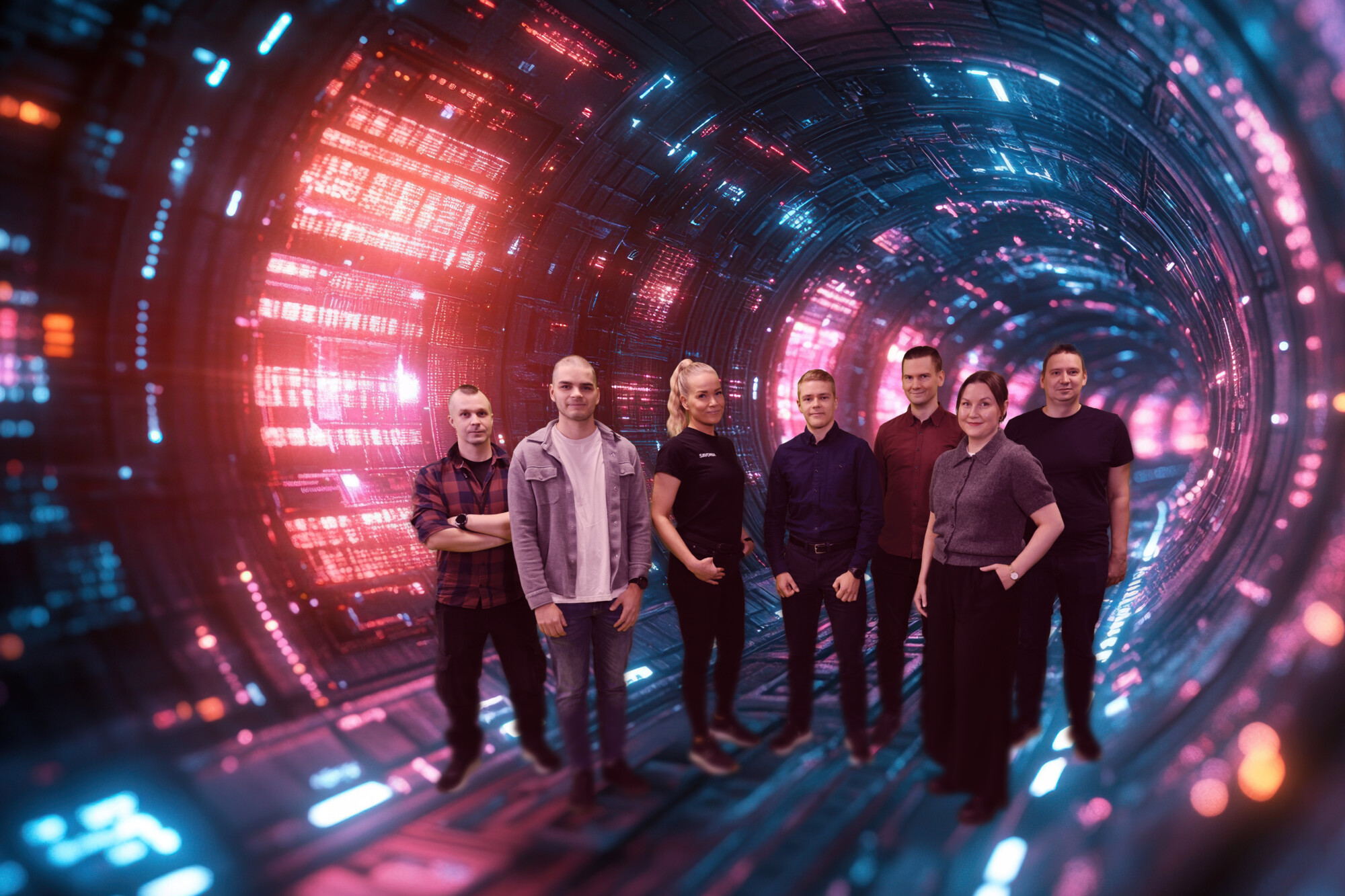 Seitsemän ihmisen ryhmä seisoo yhdessä hehkuvassa, futuristisessa tunnelissa, joka on täynnä värikkäitä punaisia ja sinisiä valoja ja digitaalisia kuvioita.